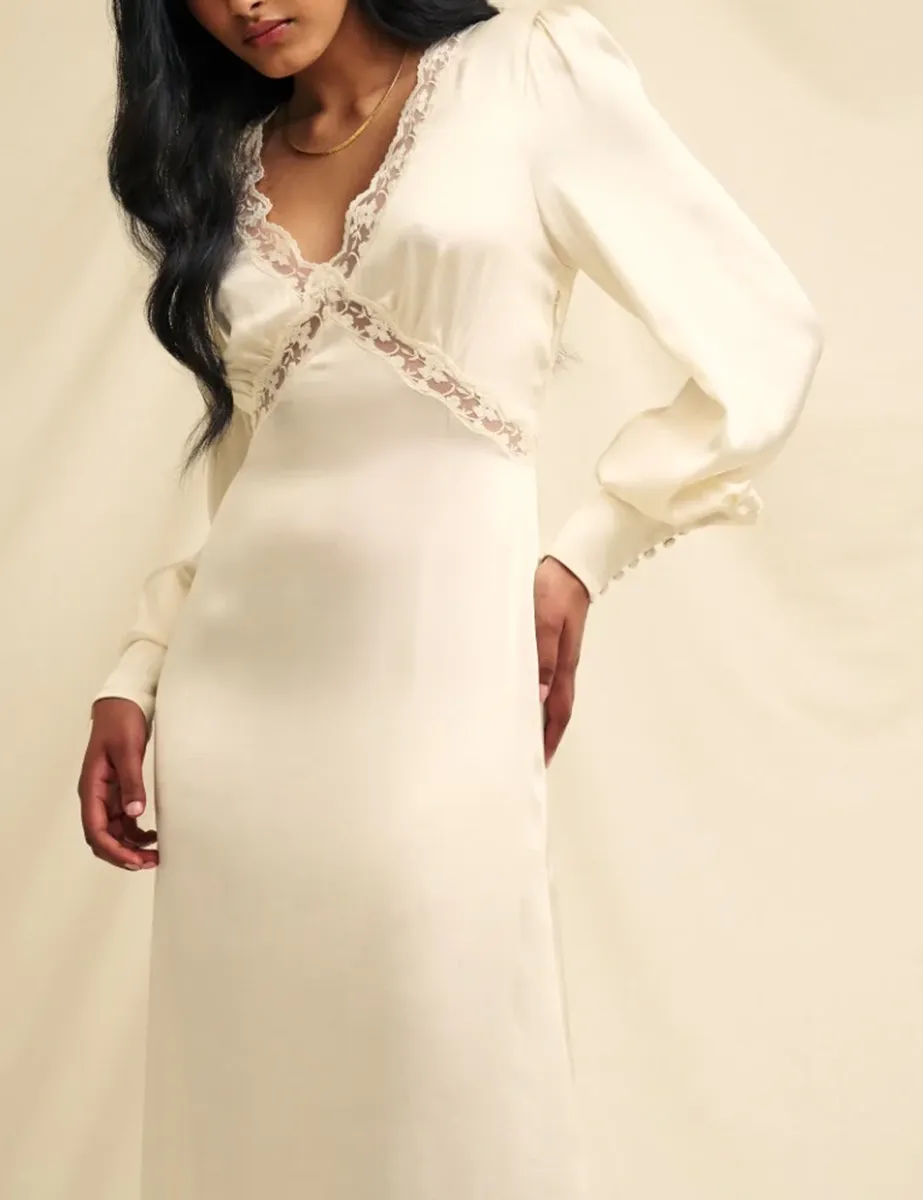 Ivory Satin Lace Trim Bridesmaid Maxi Dress