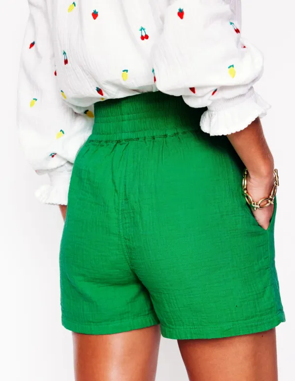 Emerald Green Elastic - Waist Linen Shorts