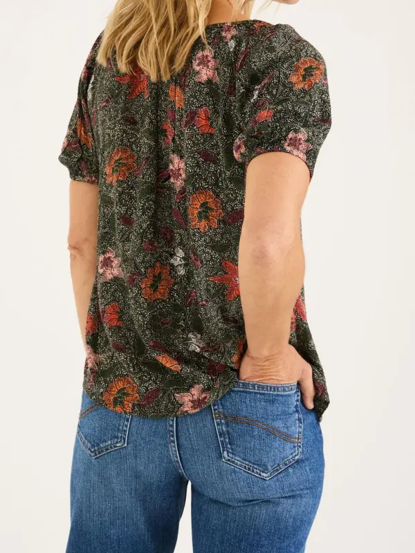 Black Floral V-Neck Bubble Hem Top