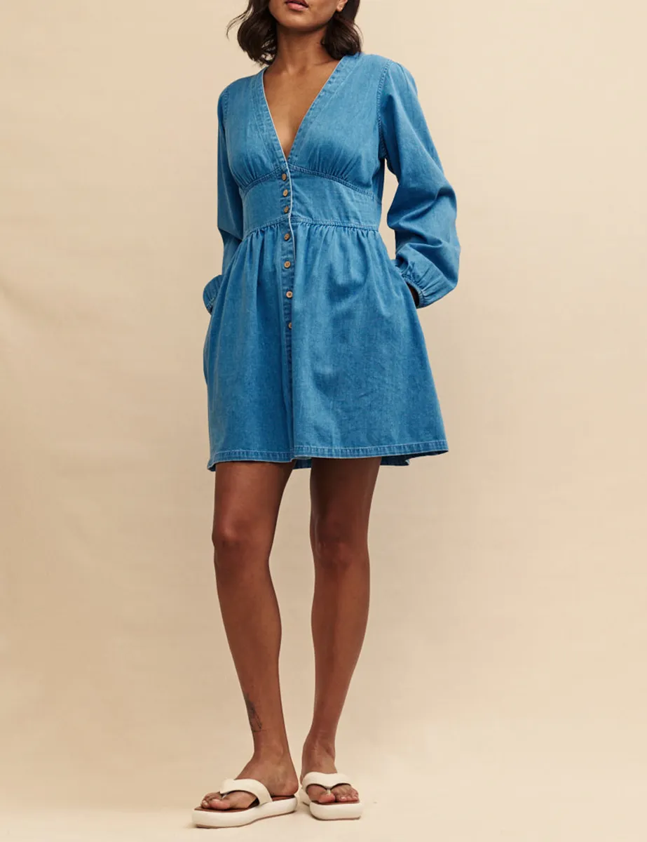 Denim Long Sleeve Button Front Mini Dress
