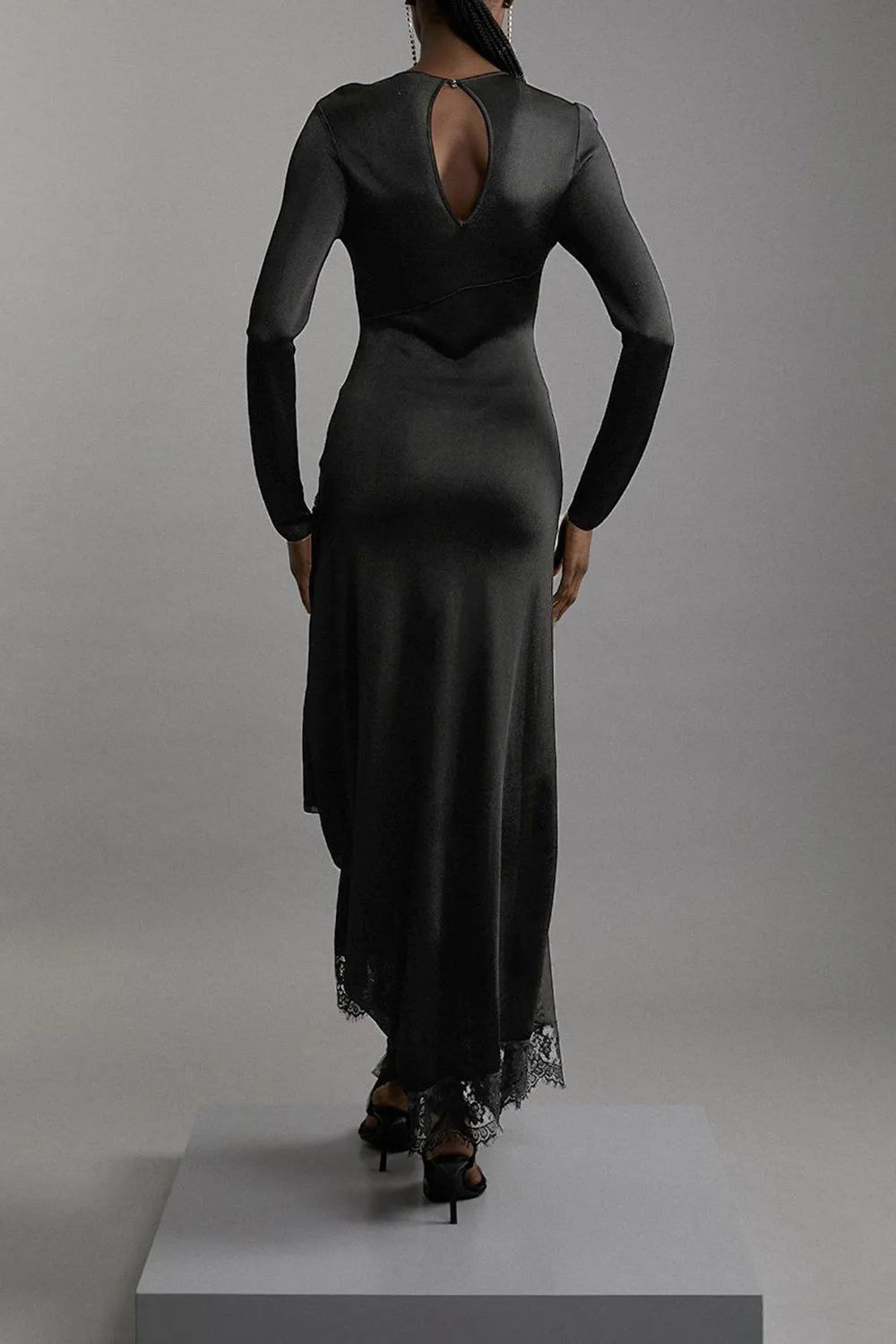 Viscose Blend Slinky Sheer Lace Detail Asymmetric Knit Midaxi Dress