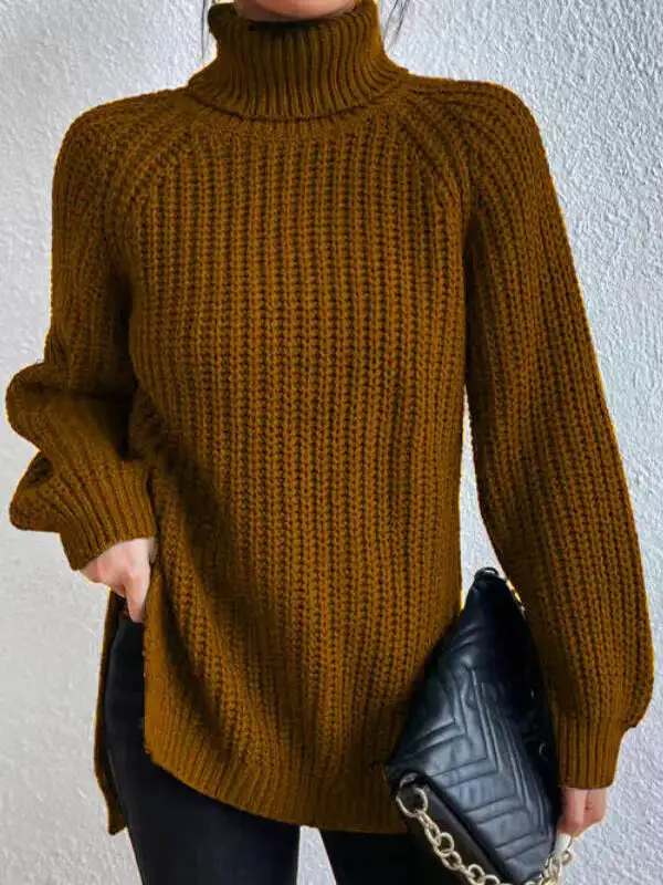 💥HOT SALE📢 Long Sleeves Loose Solid Color Split-Side High Neck Pullovers Sweater