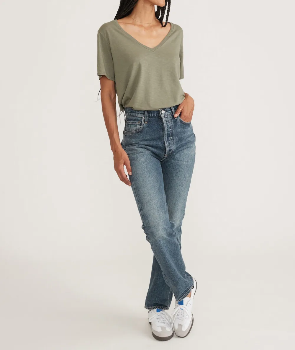 V - Neck Relaxed Fit Linen Blend Tee
