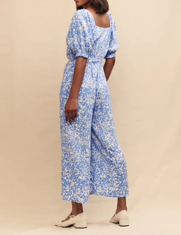 Blue Printed Tie Waist Jumpsuit
