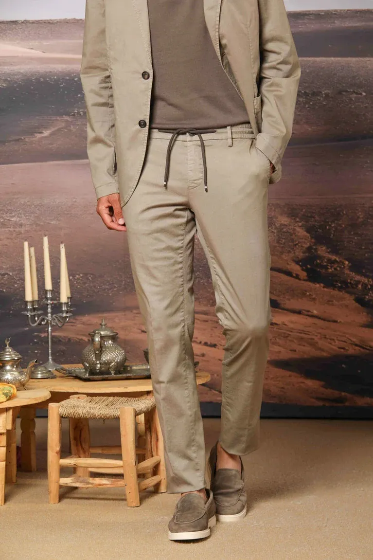 Men's Dove Gray Cotton Twill Elastic Waist Slim Fit Trousers