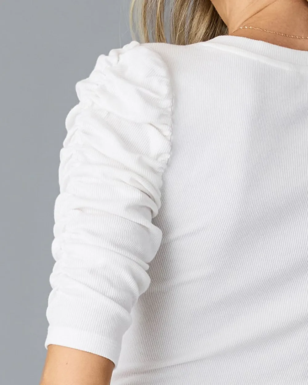 Elegant White V-Neck Blouse With Puff Sleeves