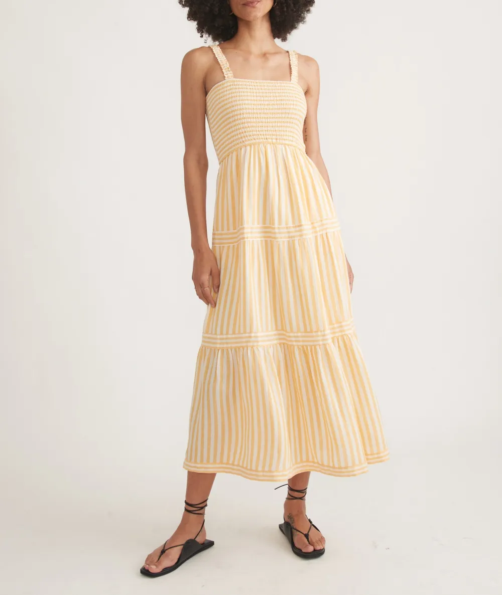 Yellow Striped Tiered Midi Dress