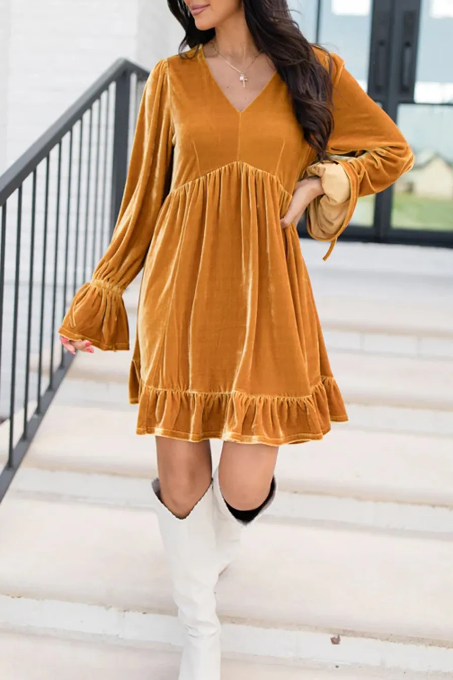 Gold Babydoll Style Velvet Dress