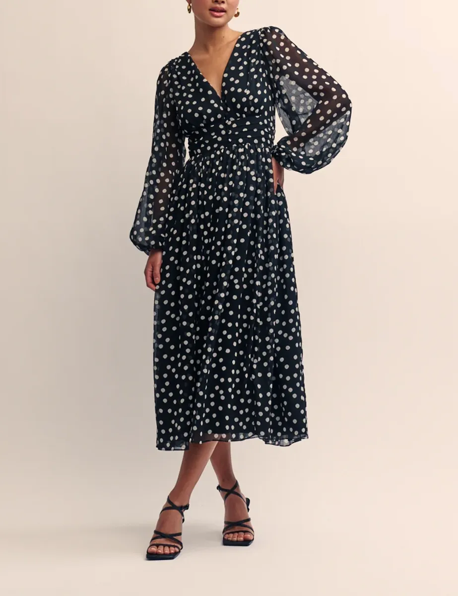 Polka Dot Puff Sleeve Midi Dress