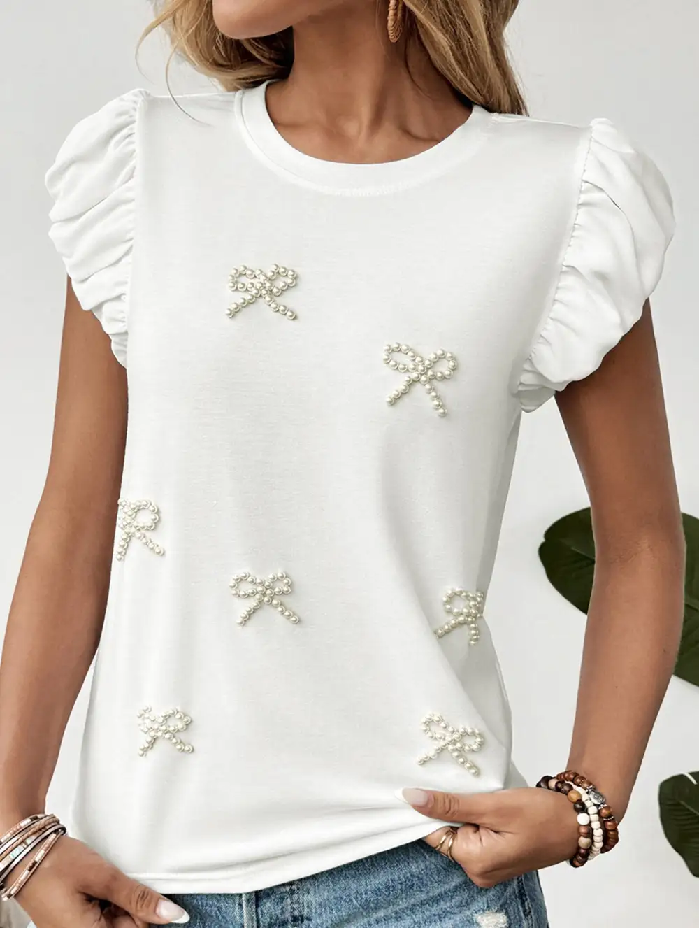 Beaded Bow Puff-Sleeve T-Shirt