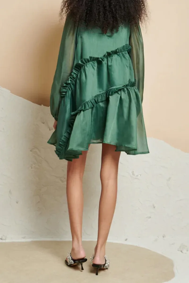 Green Ruffled Organza Mini Dresses