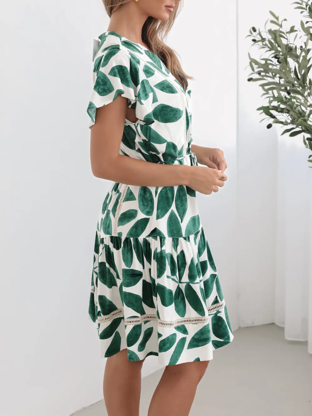 Green Short Sleeve Print Dress