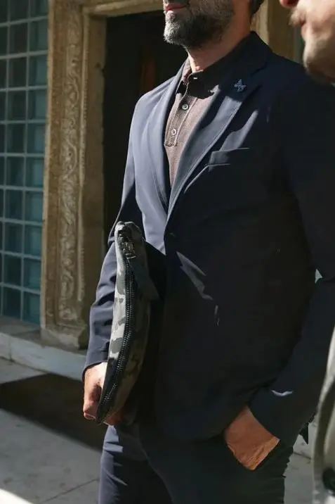 Men's Business Casual Button-Down Knit Navy Blue Blazer