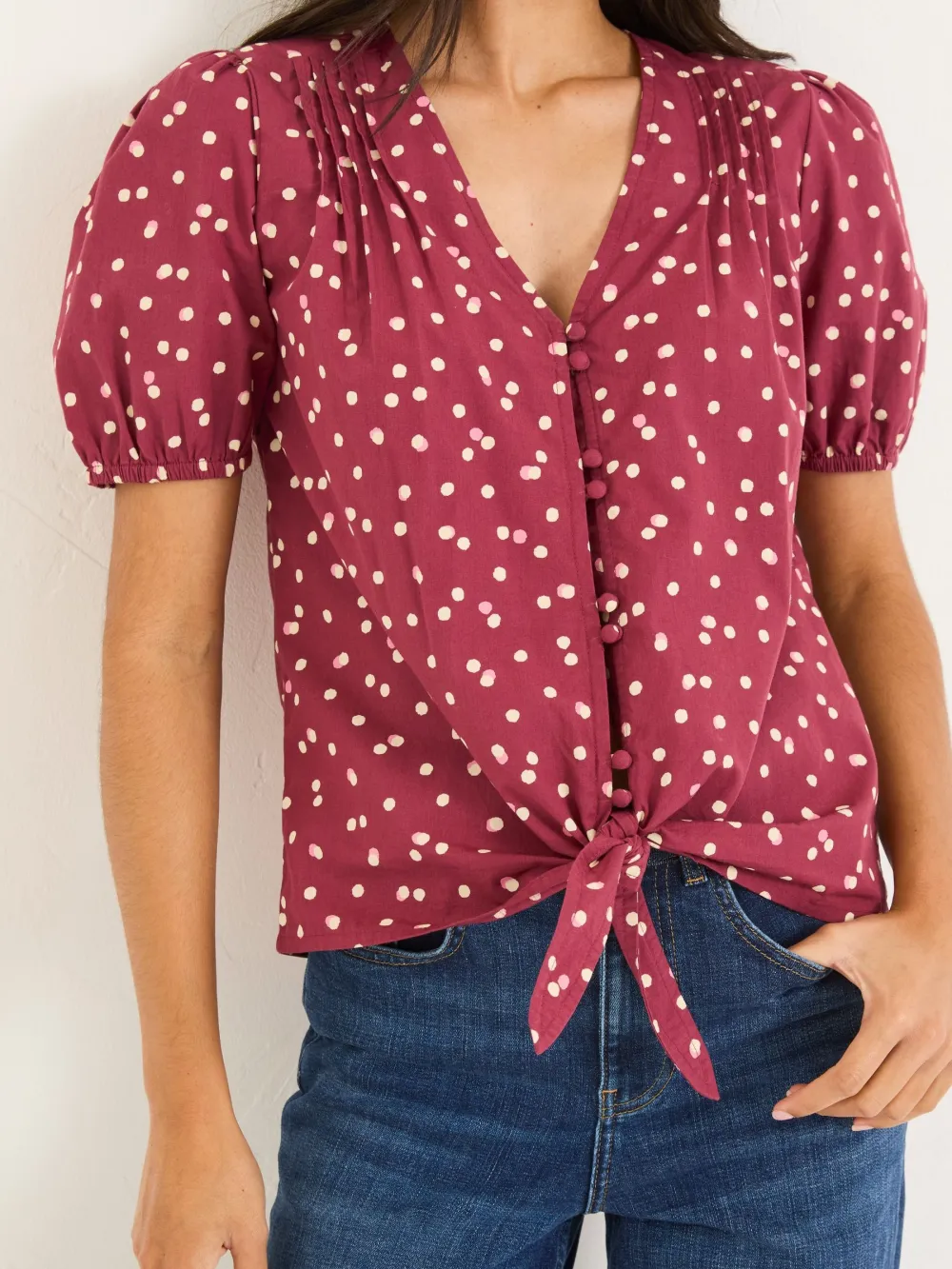 Burgundy Button Mixed Media Blouse