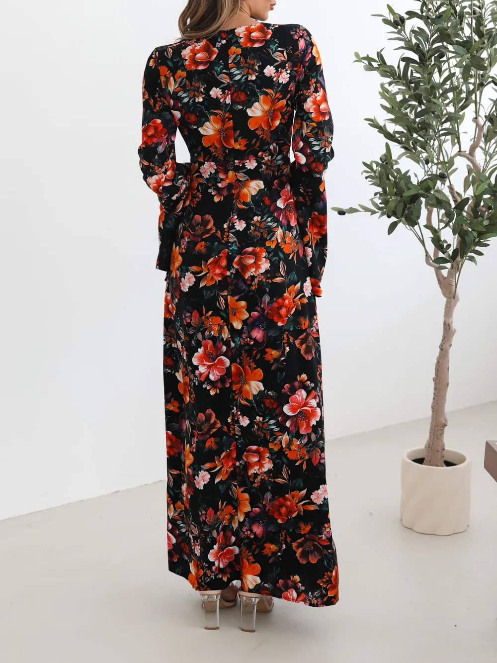 Black Straight Neckline Floral Dress
