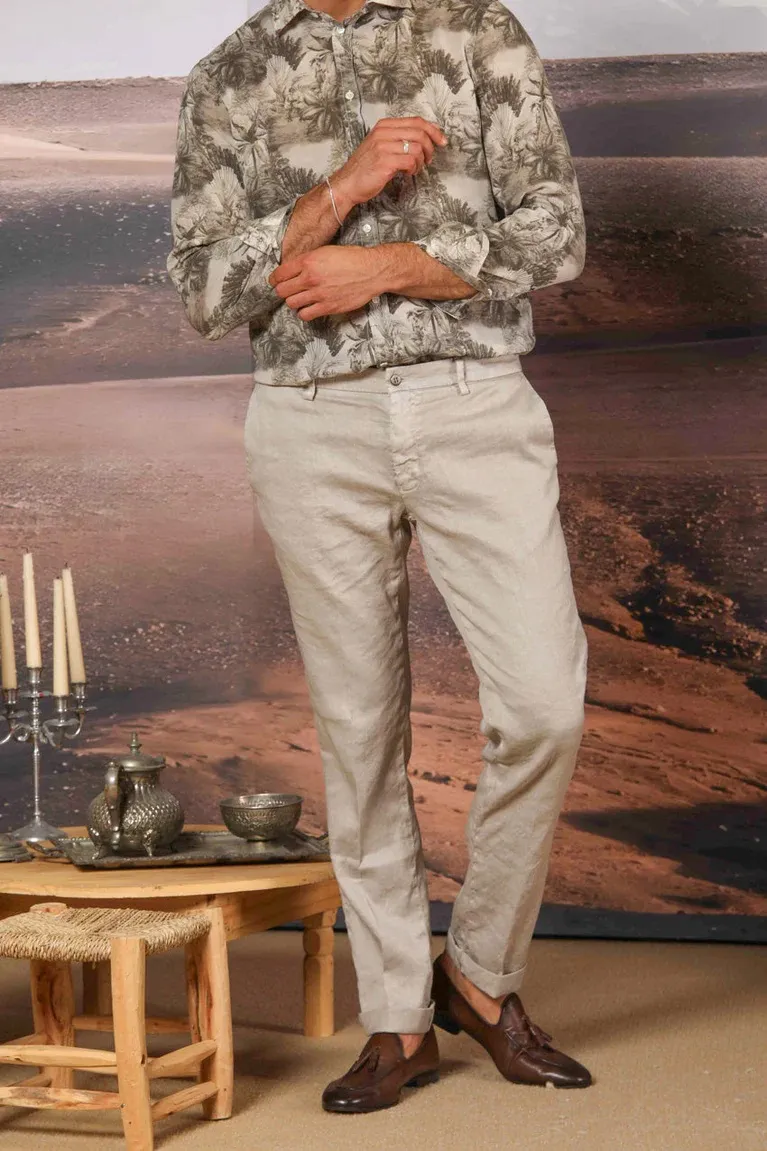 Men's Beige Cotton Casual Twill Regular Fit Trousers