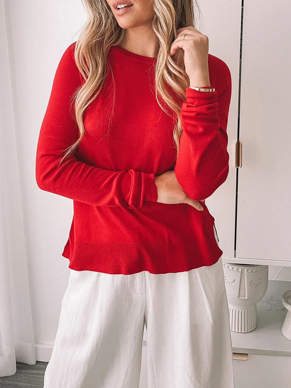 Red Crew Neck Knit Top
