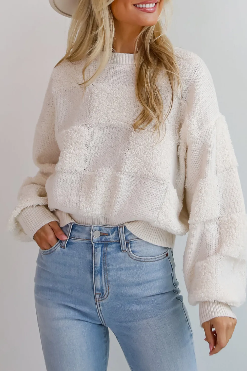 Cozy Effect Cream Checkered Fuzzy Knit Sweater