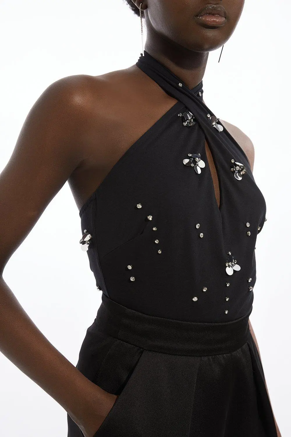 Embellished Stretch Cotton Halterneck Bodysuit