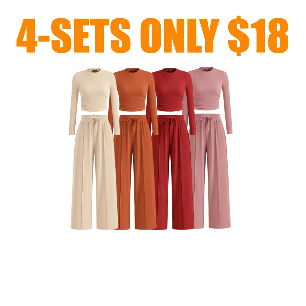 Ribbed Knit Long Sleeve Crop Top Wide Leg Pants