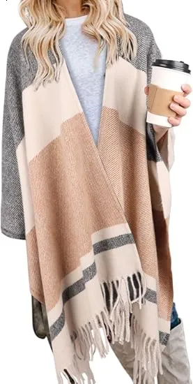 🎁Christmas Gifts🎁Women's Warm Plaid Poncho - Boho Open Front Shawl Wrap with Tassel