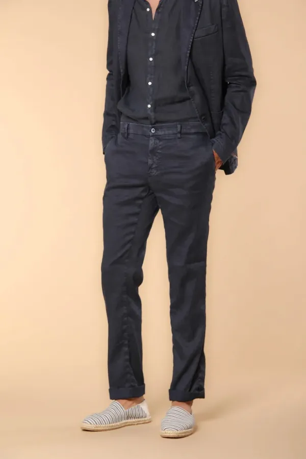 Men's Navy Linen and Cotton Twill Regular Fit Slim Straight Trousers