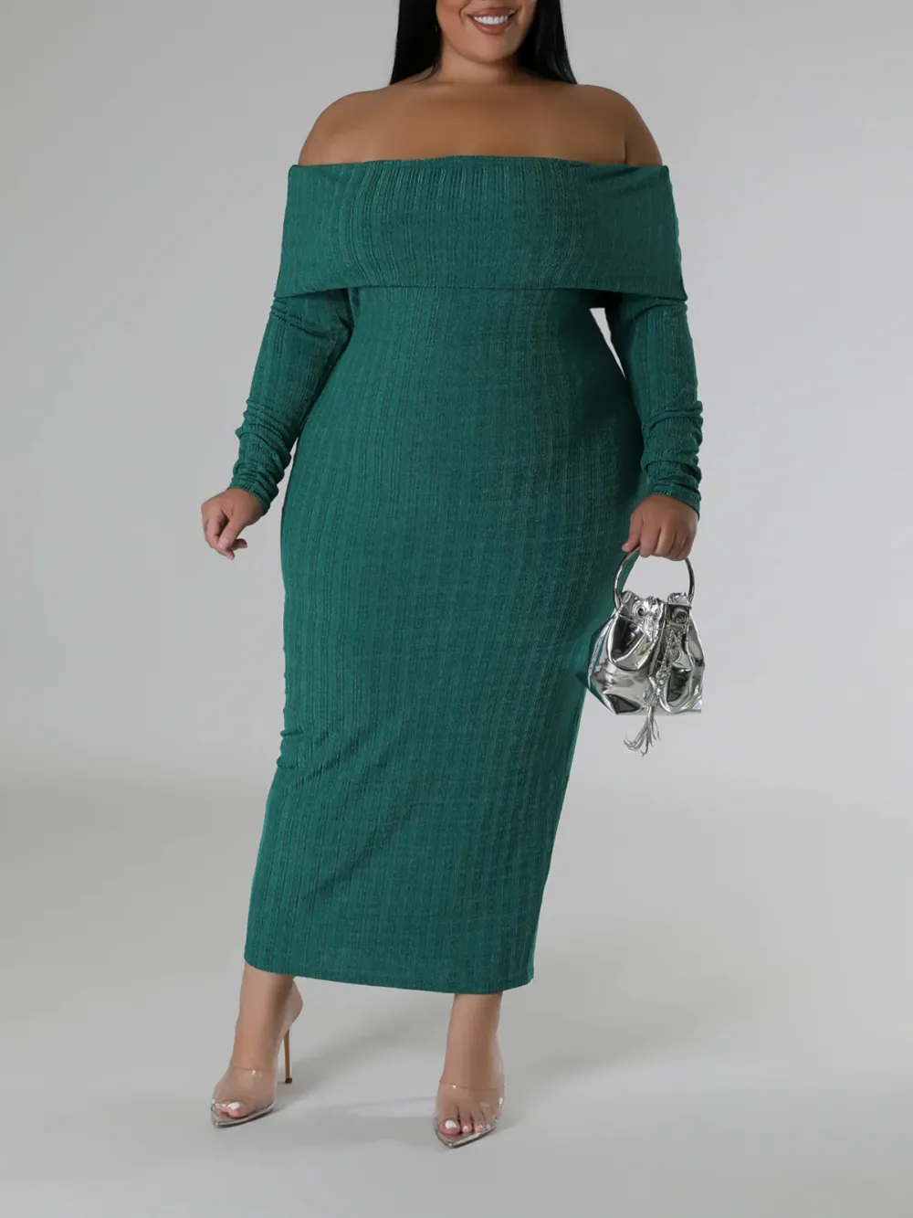 Long Sleeve Straight Neck Maxi Dress